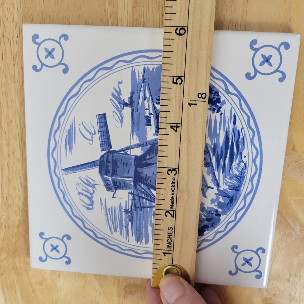 Vtg 70s Screen Craft Dutch Windmill Blue & White Ceramic Trivet Tile Wall Decor
